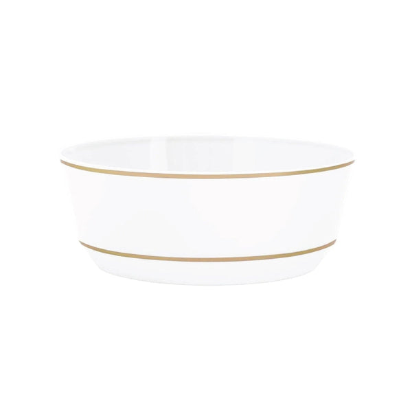 White bowl with gold rim on a white background.