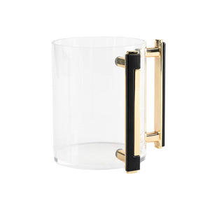 clear acrylic wash cup with black and gold handle on white background