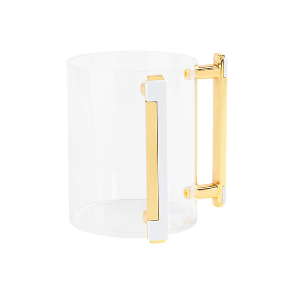 clear acrylic wash cup with white and gold handle on white background