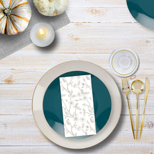 Teal, Beige and Gold disposable dinnerware bundle with Taupe Cherry Blossom napkins — perfect for fall gatherings, Halloween celebrations, and Thanksgiving tablescapes — Posh Setting.