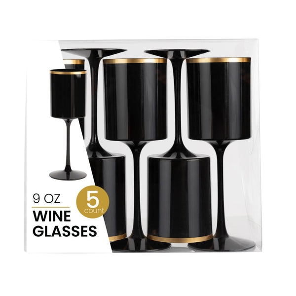 black and gold plastic wine glass set in packaging