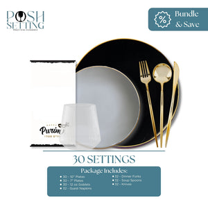 Dinnerware set with black plate, white bowl, and gold cutlery on a white background with 'Posh Setting' branding.