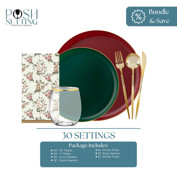 Red, Green and Gold Disposable Christmas Dinnerware Bundle – Edge (30 Settings)