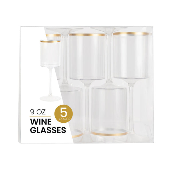 clear and gold plastic wine glass set in packaging