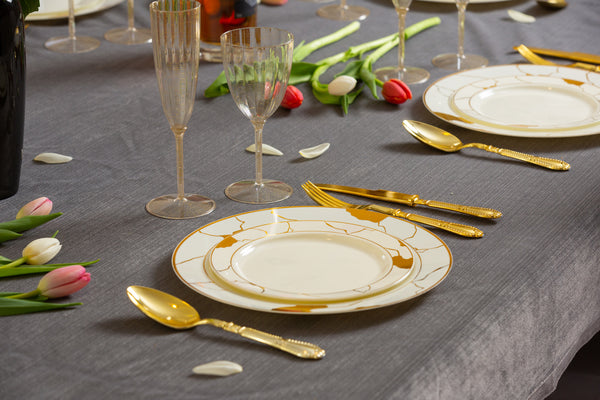 Cream and Gold Round Plastic Plates - Marble