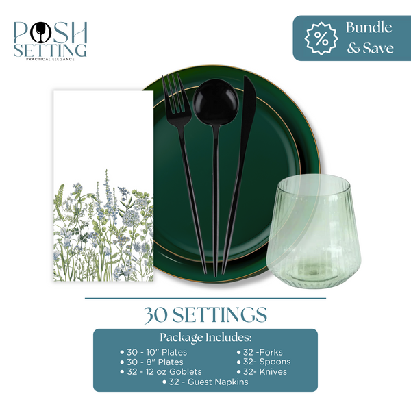 Dinnerware set with green plates, black cutlery, and a wine goblet on a white background with 'Posh Setting' branding.