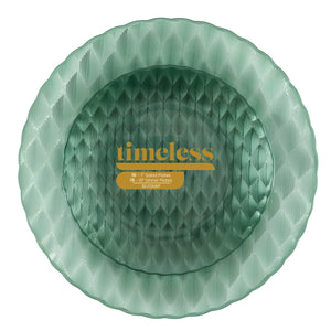 Green plastic plate with 'timeless' branding on a white background