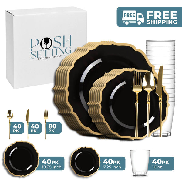 Black And Gold Plastic Party Bundle - Contemporary