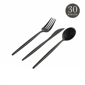 Black cutlery set with 10 forks, 10 spoons, and 10 knives on a white background.