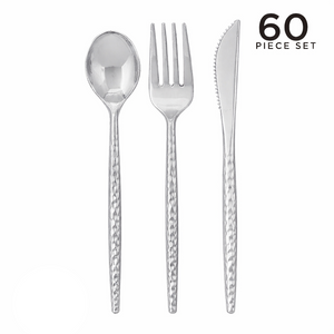 Set of silver cutlery including a spoon, fork, and knife on a white background.