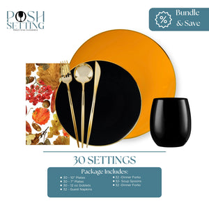 Tableware set with black plates, gold cutlery, and a black wine glass on a white background | Posh Setting