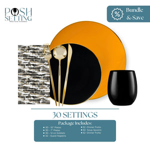 Orange, Black and Gold disposable dinnerware bundle with Black and Gold Watercolor napkins — perfect for fall gatherings, Halloween celebrations, and Thanksgiving tablescapes — Posh Setting.
