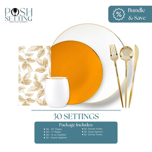 Stylish orange and gold disposable dinnerware bundle with white goblets and beige leaf napkins for Thanksgiving dining — Posh Setting.