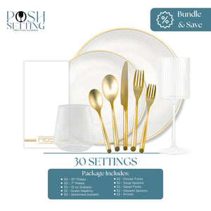 Gold dinnerware set with plates, cutlery, and glasses on a white background, featuring 'Posh Setting' branding.