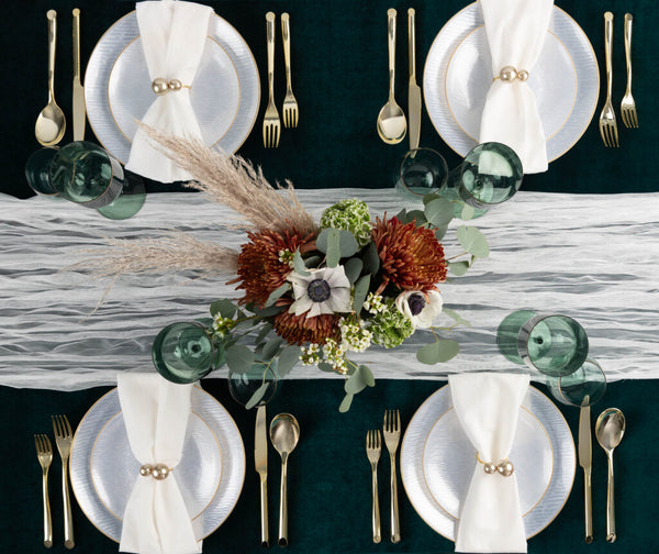 24 Pack Pearl and Gold Rim Round Plastic Dinnerware Set (12 Guests) - Icicles