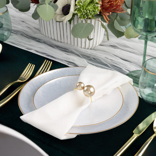 24 Pack Pearl and Gold Rim Round Plastic Dinnerware Set (12 Guests) - Icicles