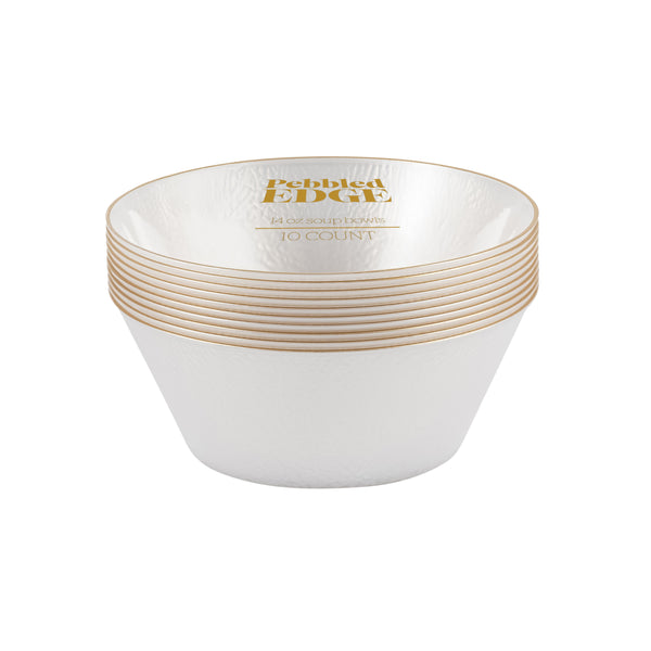 14 oz. Pearl and Gold Rim Round Soup Bowls (10 Count) - Edge Pebbled
