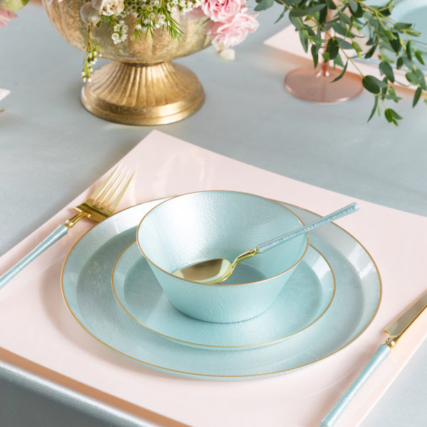 14 oz. Blue Pearl and Gold Rim Round Soup Bowls (10 Count) - Edge Pebbled