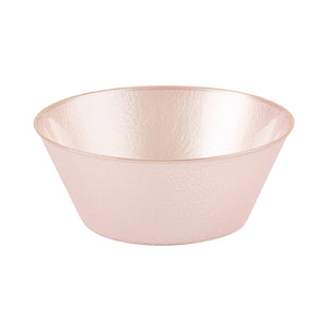 Pink plastic soup bowl with gold rim on a white background