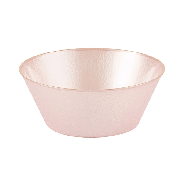 Pink plastic soup bowl with gold rim on a white background