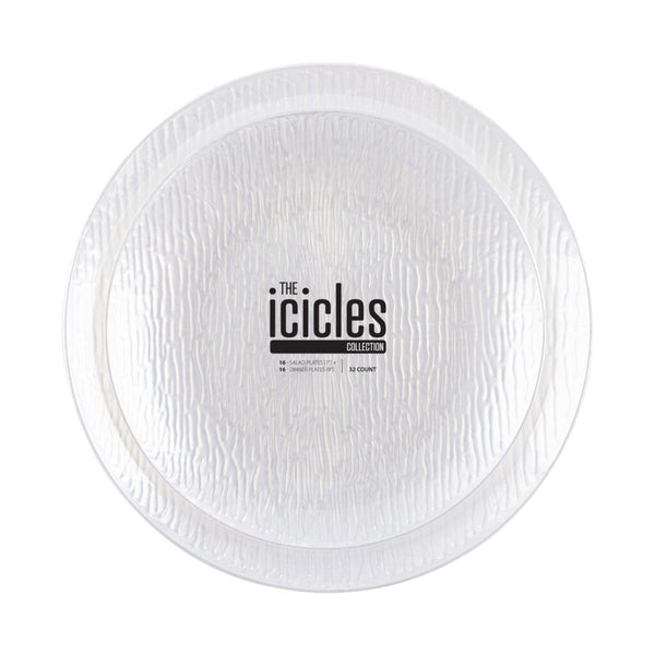 32 Pack Transparent Pearl Round Plastic Dinnerware Set (16 Guests) - Icicles