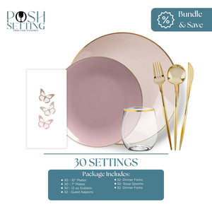 Pink and mauve disposable dinnerware bundle featuring coordinated plates, gold flatware, and linen-like napkins — perfect for elegant spring parties, weddings, or romantic gatherings — Posh Setting.