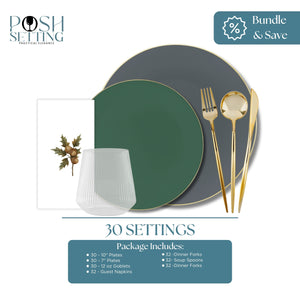 Green, slate gray and gold disposable dinnerware bundle featuring dinner and salad plates, gold cutlery, ribbed clear goblet, and acorn printed guest napkin for 30 settings.