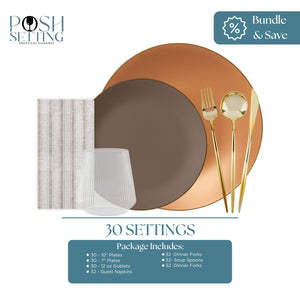 Bronze and taupe disposable dinnerware bundle with gold cutlery, ribbed clear goblet, and beige striped guest napkin for 30 place settings.