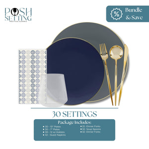 Slate gray, navy and gold disposable dinnerware bundle with dinner plates, salad plates, gold cutlery, ribbed goblet, and Blue Circles napkin for 30 settings.