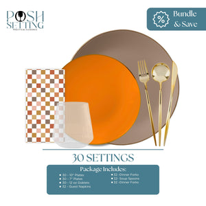 Orange and taupe disposable dinnerware bundle with gold cutlery, ribbed clear goblet, and fall checker printed napkin for 30 place settings.