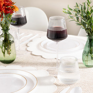 12 oz ribbed hip stemmed plastic wine goblets styled on modern table setting