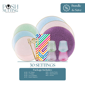 Dinnerware set with plates, cups, and cutlery on a white background, featuring the brand 'Posh Setting'.