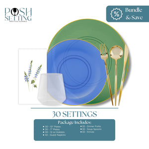 Table setting with blue and green plates, gold cutlery, and a 'Posh Setting' logo.
