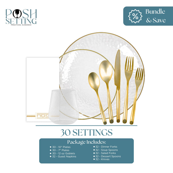 Clear and Gold Disposable Plastic Pesach Party Bundle - Hammered (30 Settings)