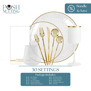 Table setting with gold cutlery and white plates on a white background, featuring 'Posh Setting' branding.