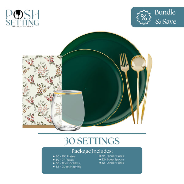 Green and Gold Disposable Christmas Dinnerware Bundle – Edge (30 Settings)