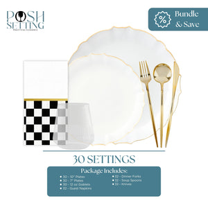 White and gold scalloped round plastic dinnerware bundle with plates, gold flatware, goblets, and black and white checkered guest napkins from Posh Setting