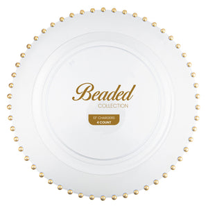 Clear plastic charger plate with gold beaded rim from the Beaded Collection, 13-inch front view.
