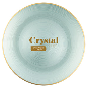 Aqua plastic charger plate with a gold rim from the Crystal Design collection, 13-inch front view.
