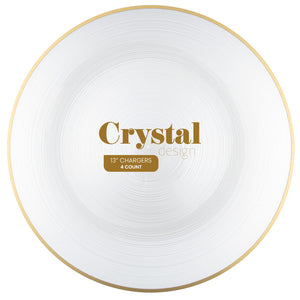 Clear transparent plastic charger plate with a gold rim from the Crystal Design collection, 13-inch front view.