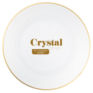White plate with gold rim and 'Crystal Design' branding on a white background