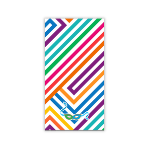 Colorful striped towel with a logo on a white background