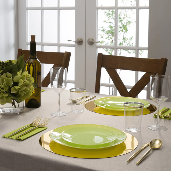 Lime Green and Gold Rim Round Plastic Plates - Organic