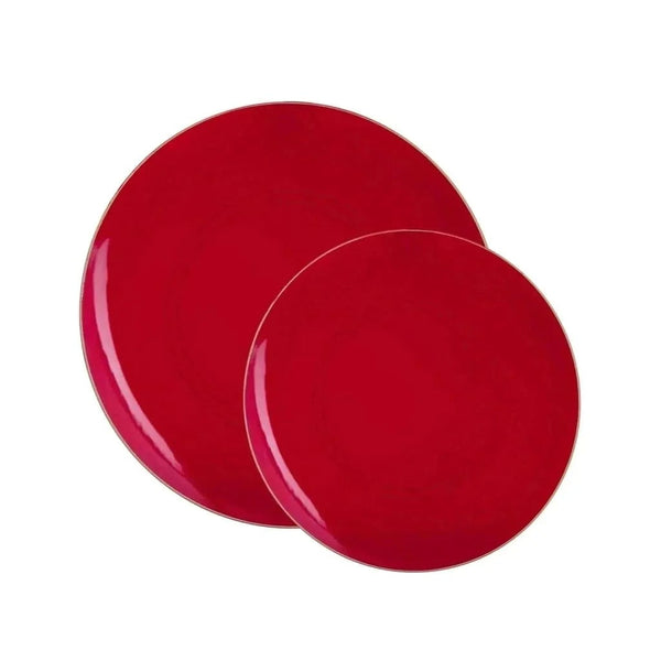 Red and Gold Rim Round Plastic Plates - Organic