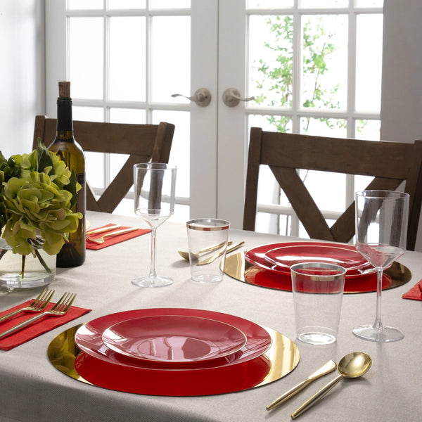 Red and Gold Rim Round Plastic Plates - Organic
