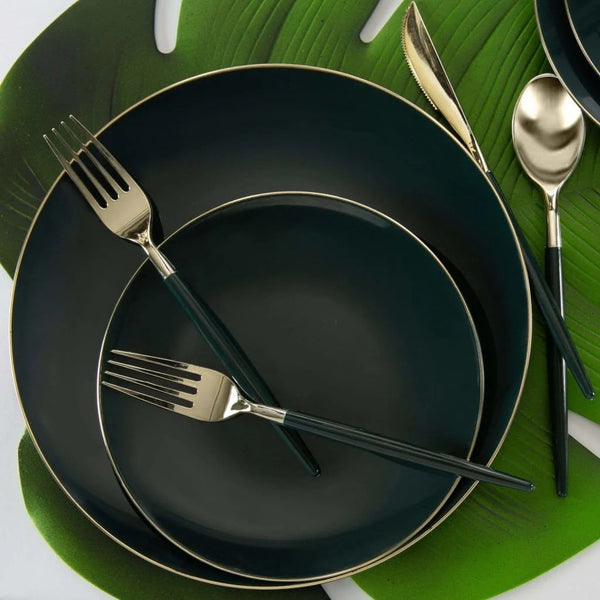 Emerald Green and Gold Rim Round Plastic Plates - Organic