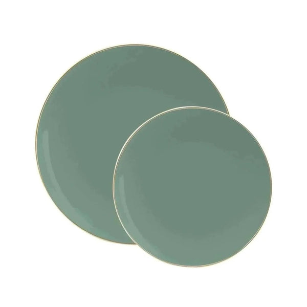 Sage Green and Gold Rim Round Plastic Plates - Organic