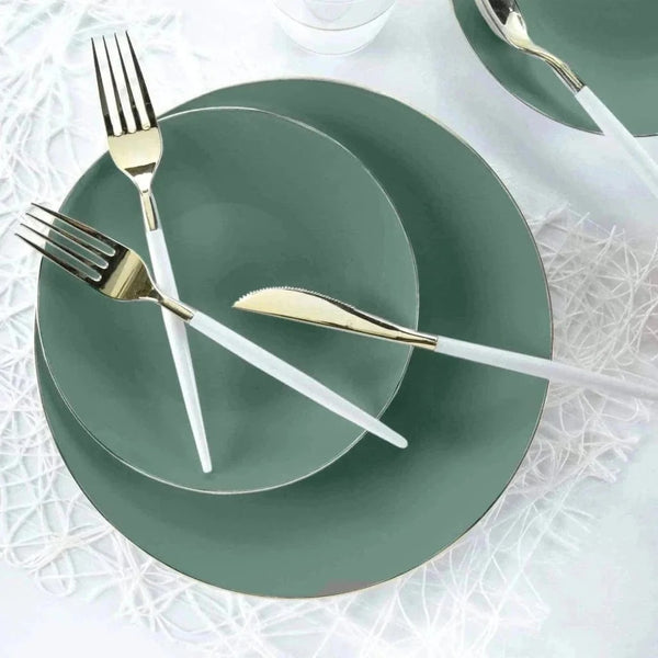 Sage Green and Gold Rim Round Plastic Plates - Organic