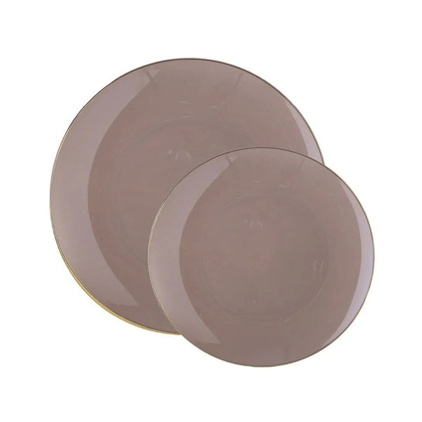 Taupe and Gold Rim Round Plastic Plates - Organic