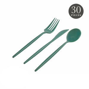 Set of green cutlery including forks, knives, and spoons on a white background.